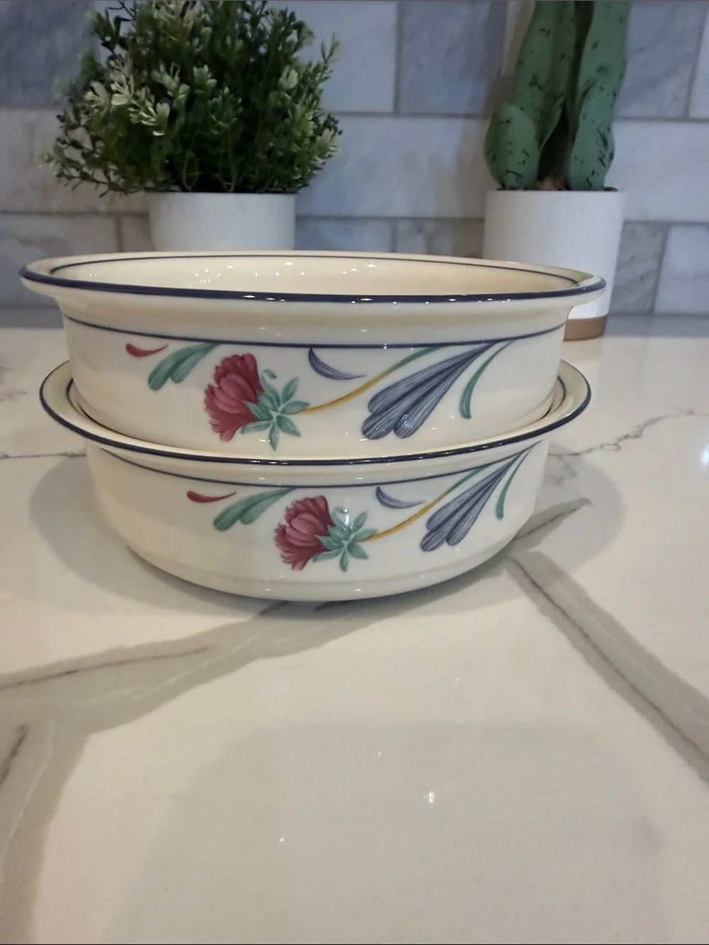 Lenox Poppies on Blue Bowls Soup Cereal dishware vintage floral 6.25